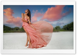 A Woman in a Light Pink Dress, Pink Clouds, Summer Sky Ultra HD Wallpaper for 4K UHD Widescreen desktop, tablet & smartphone