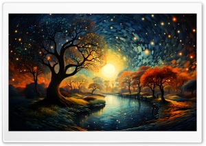 Beautiful Moonlight Autumn Night Illustration Ultra HD Wallpaper for 4K UHD Widescreen desktop, tablet & smartphone