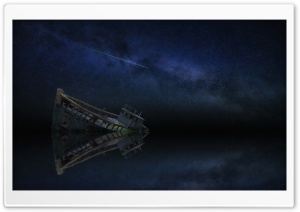 Boat Wreck Sea Ocean Reflection, Night, Milky Way Galaxy Ultra HD Wallpaper for 4K UHD Widescreen desktop, tablet & smartphone