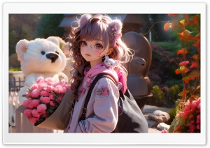 Cute Anime Girl, Bouquet Flowers, Gift Ultra HD Wallpaper for 4K UHD Widescreen desktop, tablet & smartphone