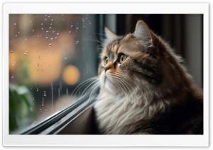 Cute Fluffy Cat Looking out the Window Ultra HD Wallpaper for 4K UHD Widescreen desktop, tablet & smartphone