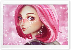 Cute Girl Pink Hair Sunglasses Digital Art Drawing Ultra HD Wallpaper for 4K UHD Widescreen desktop, tablet & smartphone