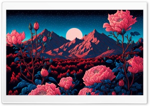 Flowers, Mountains, Night, Moon, Drawing Ultra HD Wallpaper for 4K UHD Widescreen desktop, tablet & smartphone