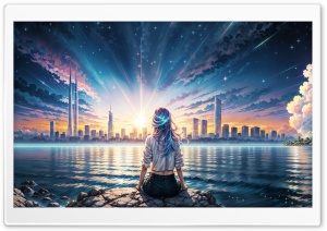 Girl Watching the Sunrise, City Horizon Ultra HD Wallpaper for 4K UHD Widescreen desktop, tablet & smartphone