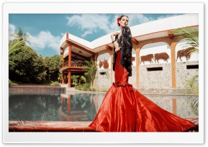 Hispanic Woman Model in Flamenco Red Dress Ultra HD Wallpaper for 4K UHD Widescreen desktop, tablet & smartphone