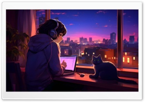 Lo-Fi Girl and Cat Nighttime Ultra HD Wallpaper for 4K UHD Widescreen desktop, tablet & smartphone