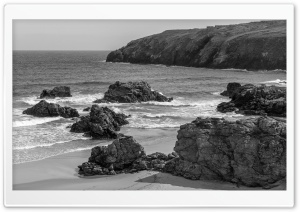 Sea Waves, Beach, Rocks, Scotland, Black and White Ultra HD Wallpaper for 4K UHD Widescreen desktop, tablet & smartphone