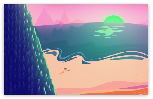 Sun Sea Beach Mountain Summer Illustration Ultra Hd Desktop