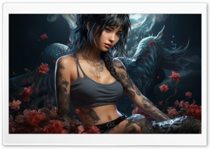 Tattooed Girl Fantasy Art Ultra HD Wallpaper for 4K UHD Widescreen desktop, tablet & smartphone