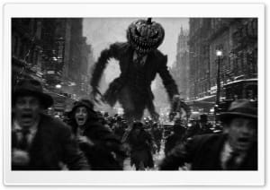 1920s Pumpkin Gentleman Monster Invasion 4K UHD Wallpaper for Widescreen and UltraWide Desktop, UltraHD TV, Smartphone, Tablet