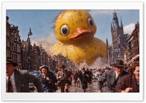 1950s Giant Rubber Duck Monster Invasion 4K UHD Wallpaper for Widescreen and UltraWide Desktop, UltraHD TV, Smartphone, Tablet