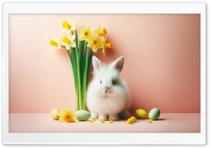 2024 Cute Easter Bunny, Daffodils Flowers, Easter Eggs, Background Ultra HD Wallpaper for 4K UHD Widescreen desktop, tablet & smartphone