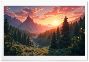 3D Landscape, Mountain, Sun Glow, Forest, Trees, Digital Art 4K UHD Wallpaper for Widescreen and UltraWide Desktop, UltraHD TV, Laptop, Tablet, Smartphone