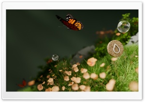 3D Monarch Butterfly, Small Wildflowers 4K UHD Wallpaper for Widescreen and UltraWide Desktop, UltraHD TV, Smartphone, Tablet