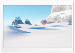 3D Snowy Landscape with a Solitary Blossom Tree 4K UHD Wallpaper for Widescreen and UltraWide Desktop, UltraHD TV, Smartphone, Tablet