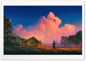 A Boy Flying a Kite Outside Art 4K UHD Wallpaper for Widescreen and UltraWide Desktop, UltraHD TV, Smartphone, Tablet