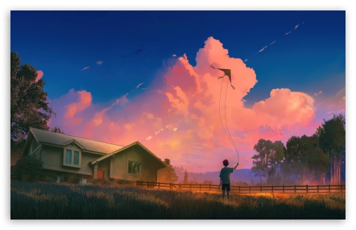 A Boy Flying a Kite Outside Art UltraHD Wallpaper for UHD 16:9 ; HD 16:9 ; UltraWide 21:9 24:10 ; Widescreen 16:10 5:3 ; Fullscreen 4:3 5:4 3:2 ; Tablet 1:1 ; Mobile 9:16 9:19.5 9:20 10:16 2:3 3:5 3:4 ;