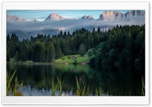 A Cabin by the Lake Amidst Majestic Mountains Ultra HD Wallpaper for 4K UHD Widescreen Desktop, Lockscreen, Screensaver, TV, Tablet, Smartphone