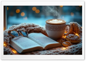 A Cozy Winter Scene with a Cup of Hot Chocolate and a Book Ultra HD Wallpaper for 4K UHD Widescreen Desktop, Lockscreen, Screensaver, TV, Tablet, Smartphone