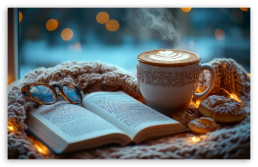 A Cozy Winter Scene with a Cup of Hot Chocolate and a Book UltraHD Wallpaper for UHD 16:9 ; HD 16:9 ; UltraWide 21:9 24:10 ; Widescreen 16:10 5:3 ; Fullscreen 4:3 5:4 3:2 ;