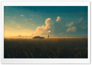 A Man Standing Next to his Car Admiring the View of the Field Art Ultra HD Wallpaper for 4K UHD Widescreen Desktop, Lockscreen, Screensaver, TV, Tablet, Smartphone