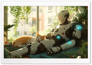 A Robot's Feline Friend Ultra HD Wallpaper for 4K UHD Widescreen Desktop, Lockscreen, Screensaver, TV, Tablet, Smartphone