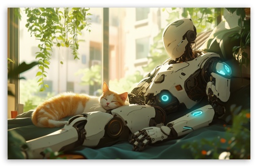 A Robot's Feline Friend UltraHD Wallpaper for UHD 16:9 ; HD 16:9 ; UltraWide 21:9 24:10 ; Widescreen 16:10 5:3 ; Fullscreen 4:3 5:4 3:2 ; Tablet 1:1 ;