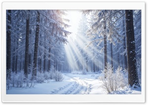 A Snowy Road Through the Forest under Sun Rays 4K UHD Wallpaper for Widescreen and UltraWide Desktop, UltraHD TV, Smartphone, Tablet