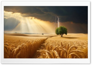 A Tree Struck by Lightning, Golden Wheat Field Ultra HD Wallpaper for 4K UHD Widescreen Desktop, Lockscreen, Screensaver, TV, Tablet, Smartphone