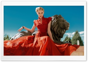 A Woman in a Red Dress, Lion Statue Ultra HD Wallpaper for 4K UHD Widescreen desktop, tablet & smartphone