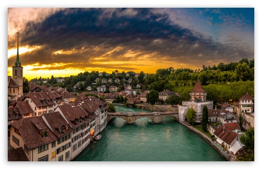 Aare River and Bern Cityscape, Switzerland UltraHD Wallpaper for UHD 16:9 ; HD 16:9 ; UltraWide 21:9 24:10 ; Widescreen 16:10 5:3 ; Fullscreen 4:3 5:4 3:2 ; Tablet 1:1 ; Dual 4:3 5:4 ;