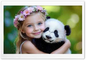 Adorable, Beautiful, Child Girl, Hug, Baby Panda 4K UHD Wallpaper for Widescreen and UltraWide Desktop, UltraHD TV, Smartphone, Tablet