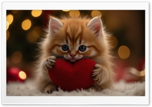 Adorable Orange Fluffy Kitten with a Red Heart 4K UHD Wallpaper for Widescreen and UltraWide Desktop, UltraHD TV, Smartphone, Tablet