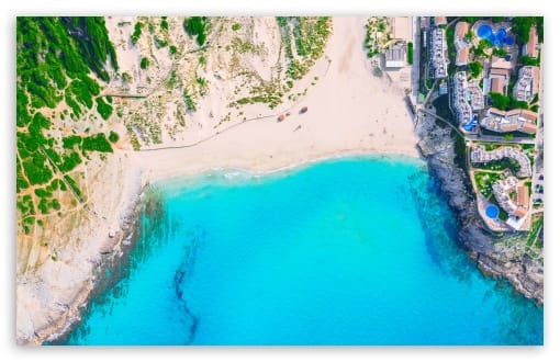 Aerial View of Cala Mesquida Beach, Mallorca Island, Spain UltraHD Wallpaper for UHD 16:9 ; HD 16:9 ; UltraWide 21:9 24:10 ; Widescreen 16:10 ; Fullscreen 3:2 ; Tablet 1:1 ;
