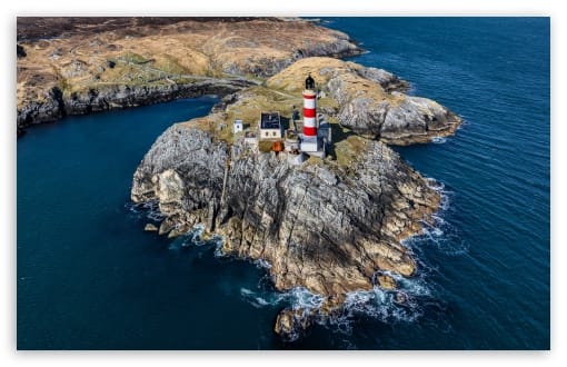 Aerial View of Eilean Glas Lighthouse, Isle of Harris UltraHD Wallpaper for UHD 16:9 ; HD 16:9 ; UltraWide 21:9 24:10 ; Widescreen 16:10 ; Tablet 1:1 ; Mobile 9:16 9:19.5 9:20 9:21 9:22 ;