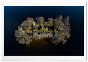 Aerial View of Loch an Eilein Castle 4K UHD Wallpaper for Widescreen and UltraWide Desktop, UltraHD TV, Smartphone, Tablet