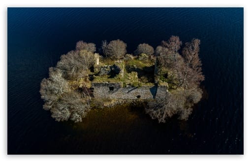 Aerial View of Loch an Eilein Castle UltraHD Wallpaper for UHD 16:9 ; HD 16:9 ; UltraWide 21:9 24:10 ; Widescreen 16:10 ;