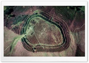 Aerial View of Twyn y Gaer Iron Age Hillfort, Wales 4K UHD Wallpaper for Widescreen and UltraWide Desktop, UltraHD TV, Smartphone, Tablet