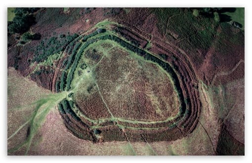 Aerial View of Twyn y Gaer Iron Age Hillfort, Wales UltraHD Wallpaper for UHD 16:9 ; HD 16:9 ; Widescreen 16:10 ; Tablet 1:1 ;