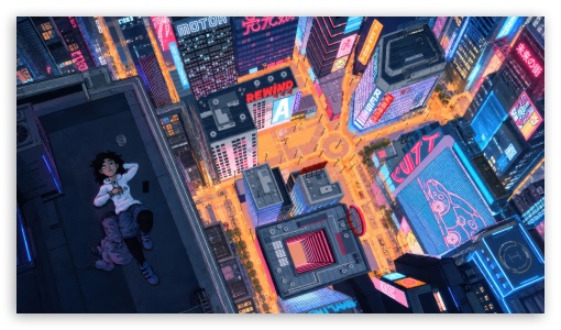 Aesthetic Lo-Fi Girl Lying on a Rooftop Artwork UltraHD Wallpaper for UHD 16:9 ; HD 16:9 ;