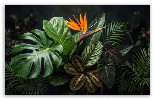 Aesthetic Tropical Foliage with Exotic Flower UltraHD Wallpaper for UHD 16:9 ; HD 16:9 ; UltraWide 21:9 24:10 32:9 32:10 ; Widescreen 16:10 ; Tablet 1:1 ; Mobile 9:16 9:19.5 9:20 9:21 9:22 ; Dual 16:10 16:9 ;