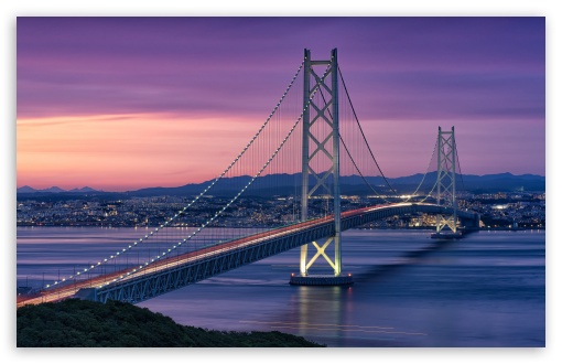 Akashi Kaikyo Bridge at Twilight UltraHD Wallpaper for UHD 16:9 ; HD 16:9 ; UltraWide 21:9 24:10 ; Widescreen 16:10 ; Tablet 1:1 ; Mobile 9:16 9:19.5 9:20 ;