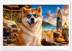 Akita Inu with Sunglasses on the Beach 4K UHD Wallpaper for Widescreen and UltraWide Desktop, UltraHD TV, Smartphone, Tablet