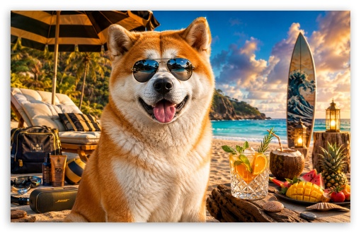 Akita Inu with Sunglasses on the Beach UltraHD Wallpaper for Widescreen 16:10 ;