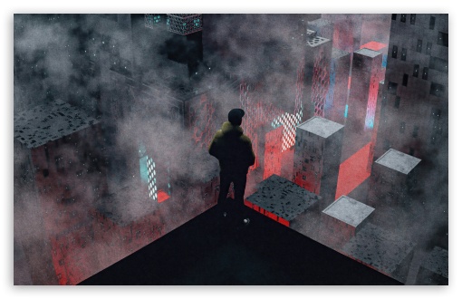 Alone Man on Dark Cyberpunk Rooftop UltraHD Wallpaper for UHD 16:9 ; HD 16:9 ; UltraWide 21:9 24:10 32:9 32:10 ; Widescreen 16:10 ; Tablet 1:1 ; Mobile 9:16 9:19.5 9:20 ; Dual 16:10 16:9 ;