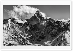 Ama Dablam, Mountain, Himalayas, Nepal, Black and White 4K UHD Wallpaper for Widescreen and UltraWide Desktop, UltraHD TV, Smartphone, Tablet