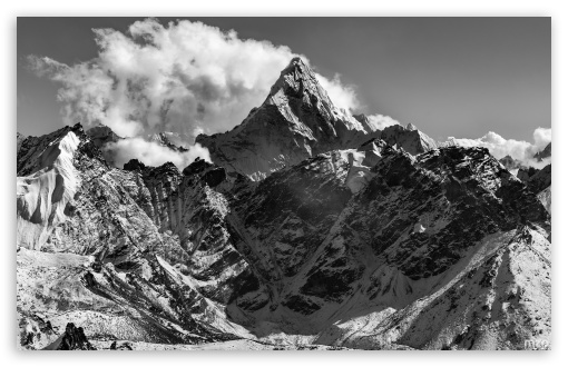 Ama Dablam, Mountain, Himalayas, Nepal, Black and White UltraHD Wallpaper for UHD 16:9 ; HD 16:9 ; Widescreen 16:10 5:3 ; Fullscreen 4:3 5:4 3:2 ;