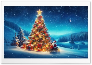 Amazing Christmas Tree, Night, Santa Claus, Landscape Ultra HD Wallpaper for 4K UHD Widescreen desktop, tablet & smartphone