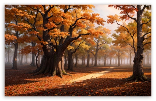 Amber Forest, Autumn, Trees, Path UltraHD Wallpaper for UHD 16:9 ; HD 16:9 ; UltraWide 21:9 24:10 ; Widescreen 16:10 5:3 ; Fullscreen 4:3 5:4 3:2 ; Tablet 1:1 ;