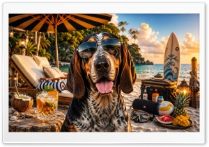 American English Coonhound Dog on the Beach 4K UHD Wallpaper for Widescreen and UltraWide Desktop, UltraHD TV, Smartphone, Tablet